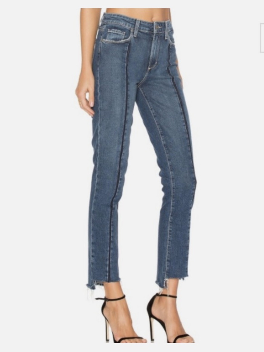 PAIGE Julia Edgy Straight Leg Blue Jeans Raw Hem Front Seam Detail 31 Mid Rise
